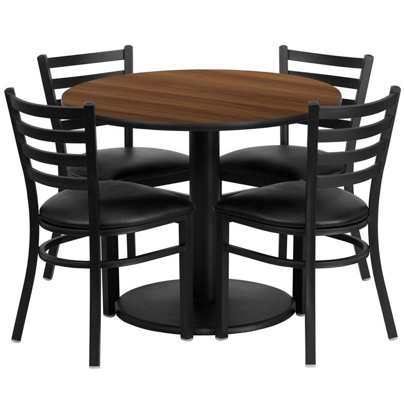 36'' Round Walnut Laminate Table Set With Round Base And 4 Ladder Back Metal Chairs - Black Vinyl Seat By Flash Furniture | Dining Sets | Modishstore - 2
