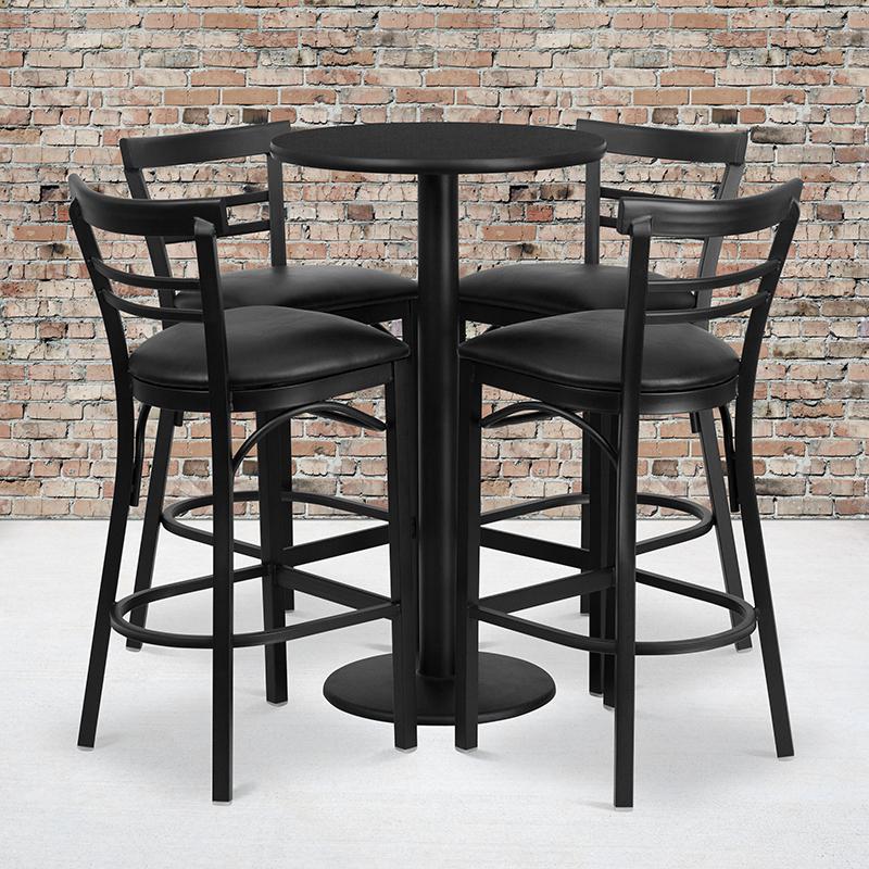 24'' Round Black Laminate Table Set With Round Base And 4 Two-Slat Ladder Back Metal Barstools - Black Vinyl Seat By Flash Furniture | Bar Stools & Table | Modishstore - 1