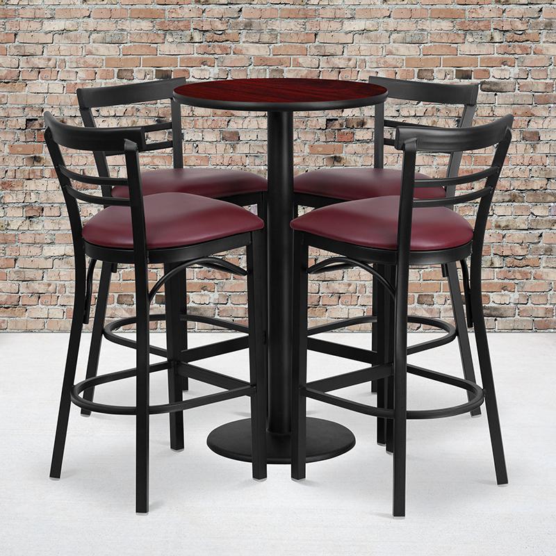 24'' Round Mahogany Laminate Table Set With Round Base And 4 Two-Slat Ladder Back Metal Barstools - Burgundy Vinyl Seat By Flash Furniture | Bar Stools & Table | Modishstore - 1