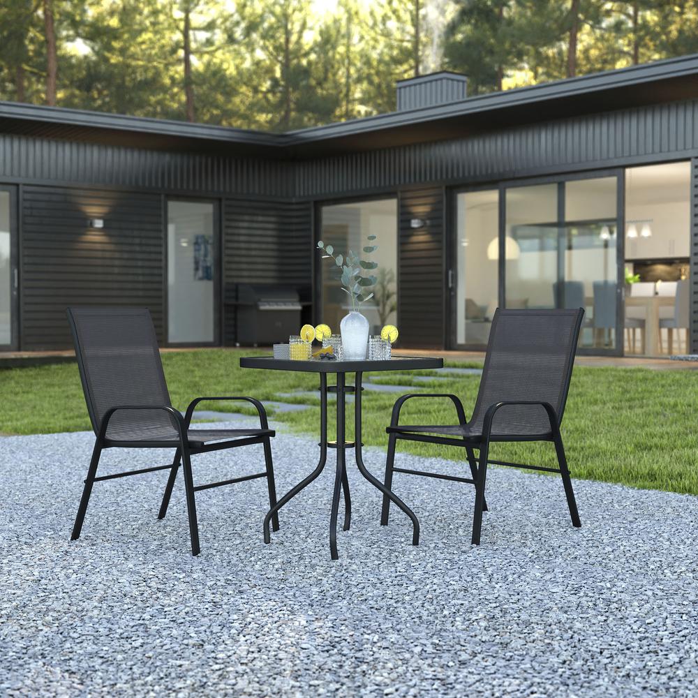 3 Piece Outdoor Patio Dining Set - 23.5" Square Tempered Glass Patio Table, 2 Black Flex Comfort Stack Chairs By Flash Furniture | Outdoor Dining Sets | Modishstore - 1