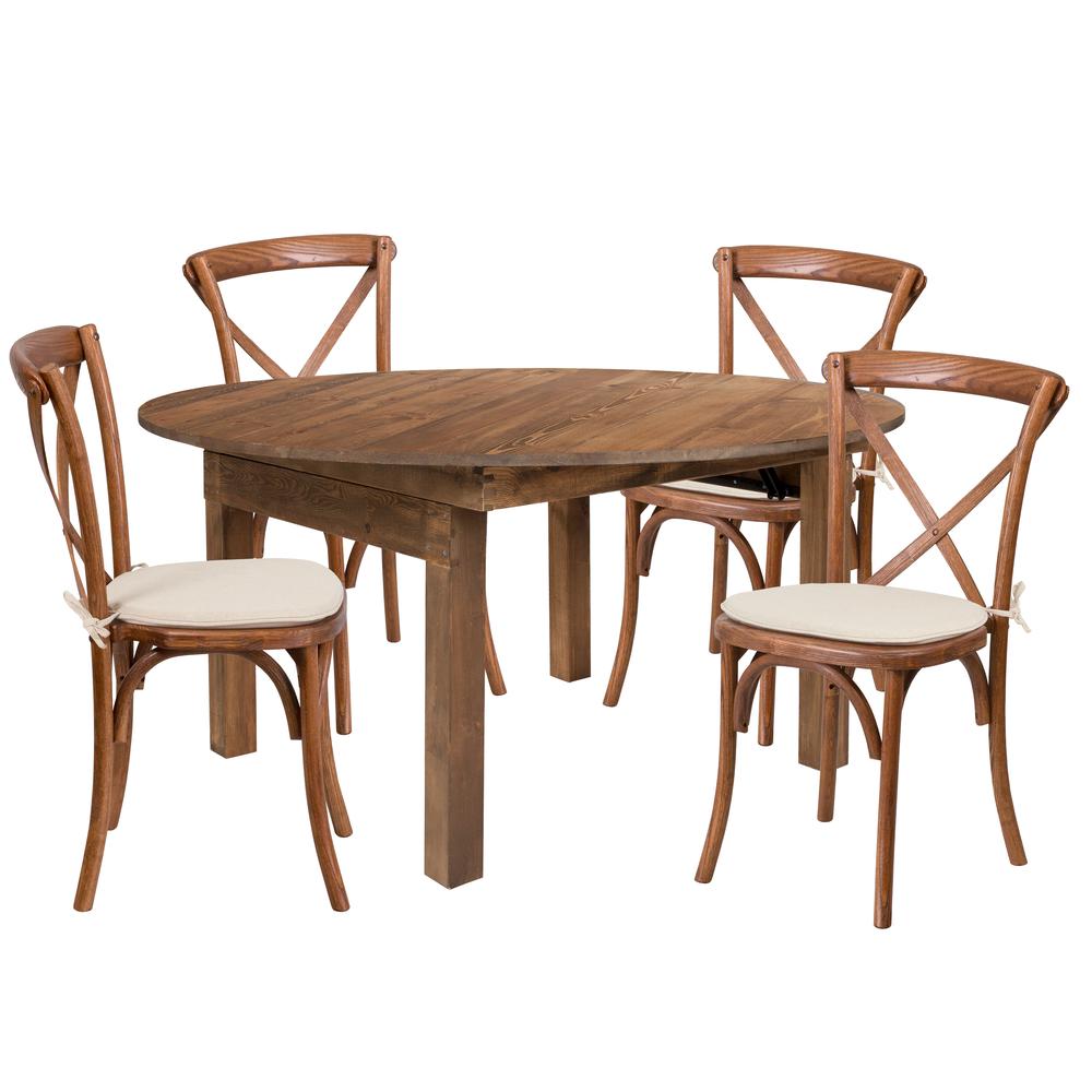 Hercules Series 60" Round Solid Pine Folding Farm Dining Table Set With 4 Cross Back Chairs And Cushions By Flash Furniture | Dining Sets | Modishstore - 1