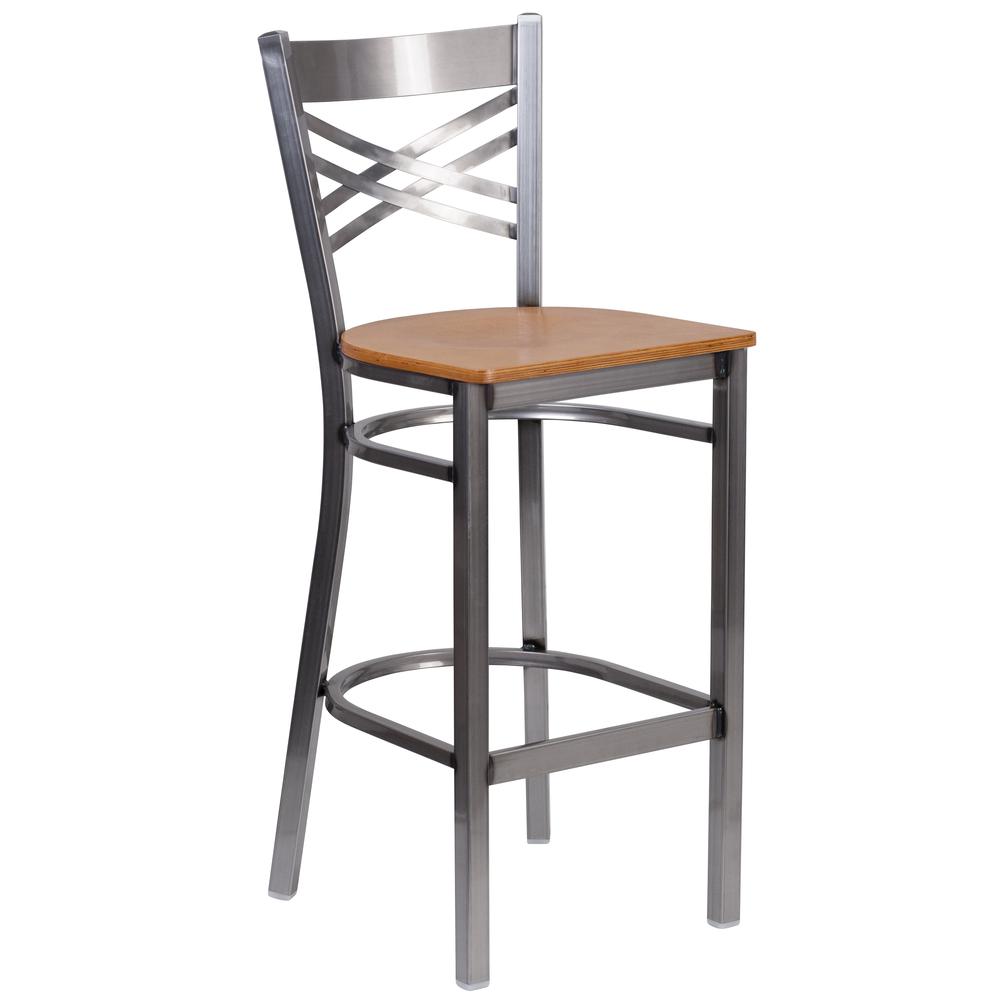 Hercules Series Clear Coated ''X'' Back Metal Restaurant Barstool - Natural Wood Seat By Flash Furniture | Bar Stools | Modishstore - 1