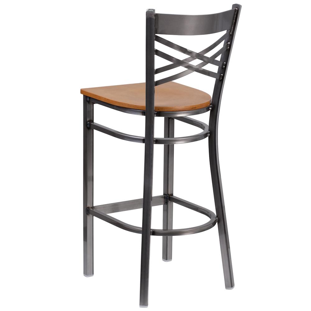 Hercules Series Clear Coated ''X'' Back Metal Restaurant Barstool - Natural Wood Seat By Flash Furniture | Bar Stools | Modishstore - 3