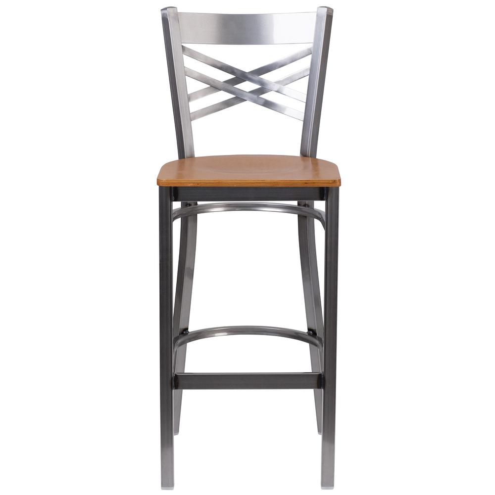 Hercules Series Clear Coated ''X'' Back Metal Restaurant Barstool - Natural Wood Seat By Flash Furniture | Bar Stools | Modishstore - 4