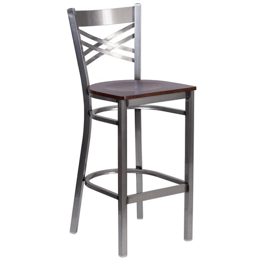 Hercules Series Clear Coated ''X'' Back Metal Restaurant Barstool - Walnut Wood Seat By Flash Furniture | Bar Stools | Modishstore - 1