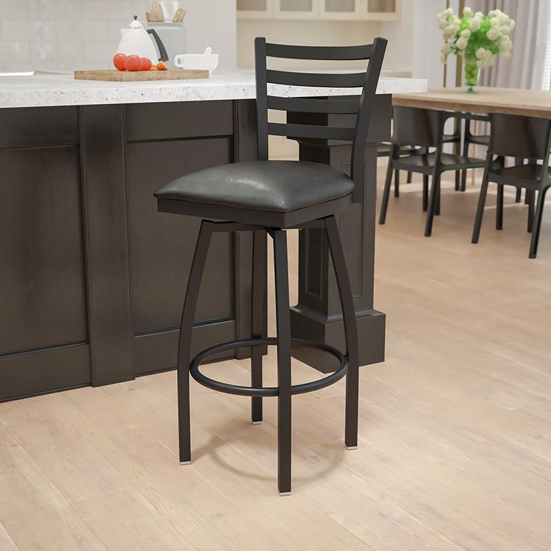 Hercules Series Black Ladder Back Swivel Metal Barstool - Black Vinyl Seat By Flash Furniture | Bar Stools | Modishstore - 1