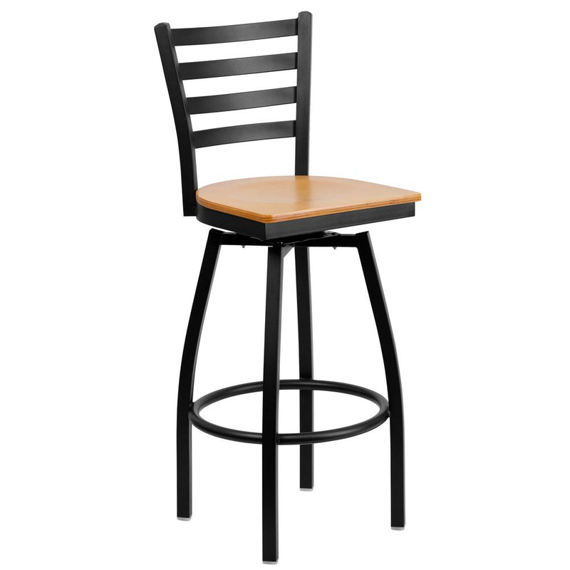 Hercules Series Black Ladder Back Swivel Metal Barstool - Natural Wood Seat By Flash Furniture | Bar Stools | Modishstore - 1