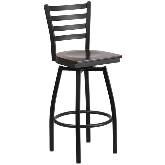 Hercules Series Black Ladder Back Swivel Metal Barstool - Walnut Wood Seat By Flash Furniture | Bar Stools | Modishstore