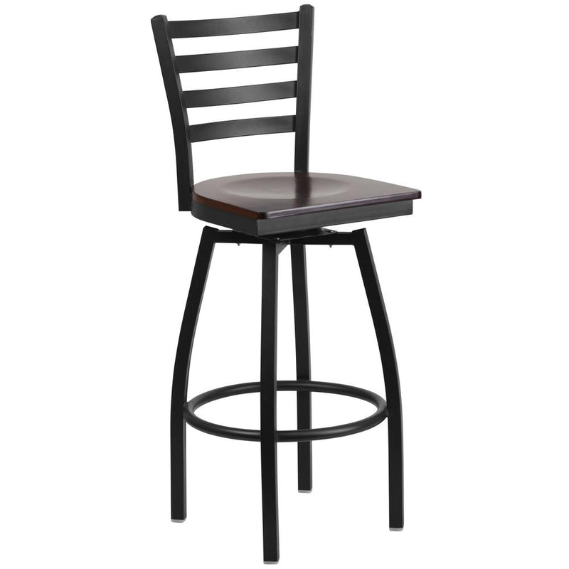 Hercules Series Black Ladder Back Swivel Metal Barstool - Walnut Wood Seat By Flash Furniture | Bar Stools | Modishstore - 1