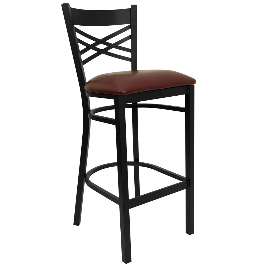 Hercules Series Black ''X'' Back Metal Restaurant Barstool - Burgundy Vinyl Seat By Flash Furniture | Bar Stools | Modishstore - 1