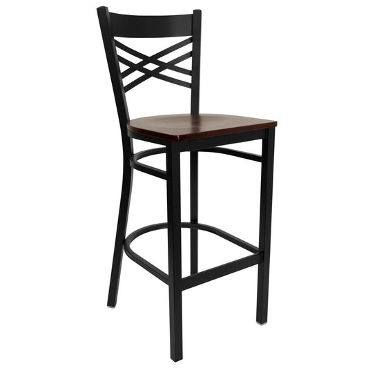 Hercules Series Black ''X'' Back Metal Restaurant Barstool - Mahogany Wood Seat By Flash Furniture | Bar Stools | Modishstore