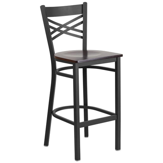 Hercules Series Black ''X'' Back Metal Restaurant Barstool - Walnut Wood Seat By Flash Furniture | Bar Stools | Modishstore - 1