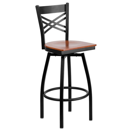 Hercules Series Black ''X'' Back Swivel Metal Barstool - Cherry Wood Seat By Flash Furniture | Bar Stools | Modishstore - 1