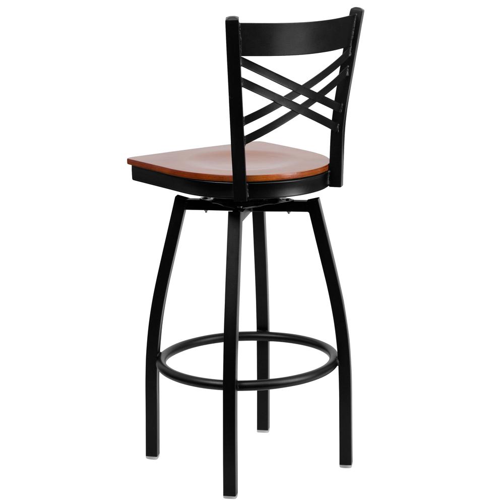 Hercules Series Black ''X'' Back Swivel Metal Barstool - Cherry Wood Seat By Flash Furniture | Bar Stools | Modishstore - 3