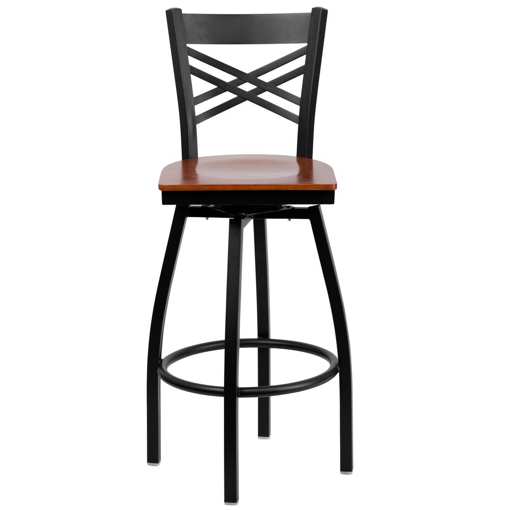 Hercules Series Black ''X'' Back Swivel Metal Barstool - Cherry Wood Seat By Flash Furniture | Bar Stools | Modishstore - 4