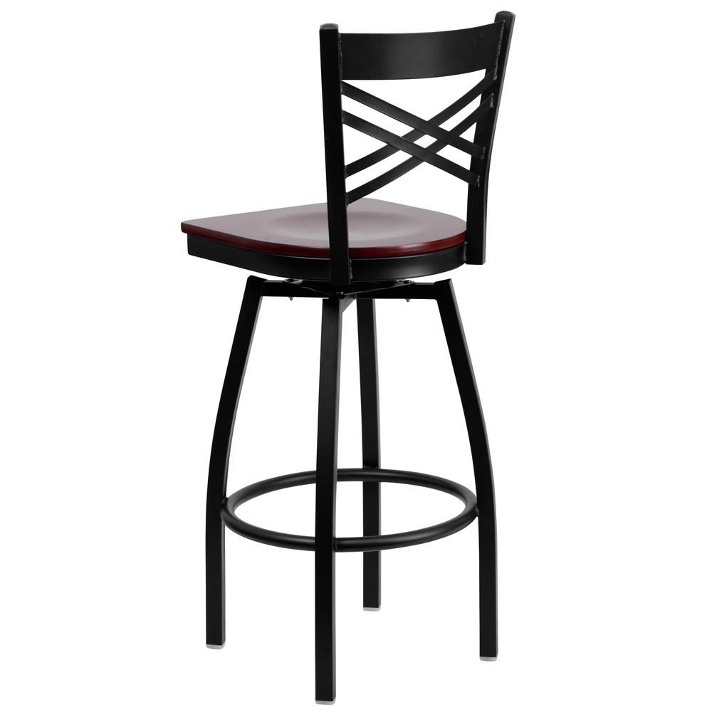 Hercules Series Black ''X'' Back Swivel Metal Barstool - Mahogany Wood Seat By Flash Furniture | Bar Stools | Modishstore - 3