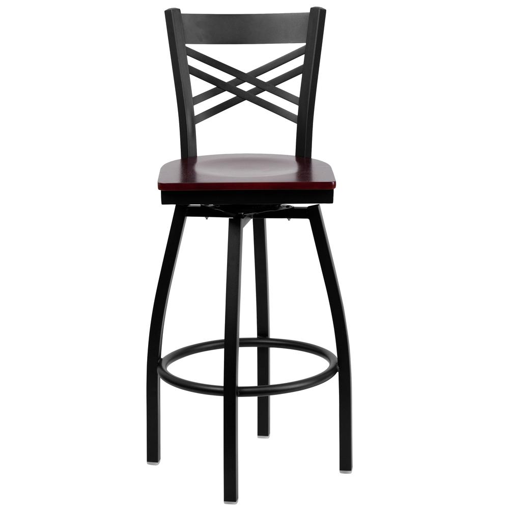 Hercules Series Black ''X'' Back Swivel Metal Barstool - Mahogany Wood Seat By Flash Furniture | Bar Stools | Modishstore - 4