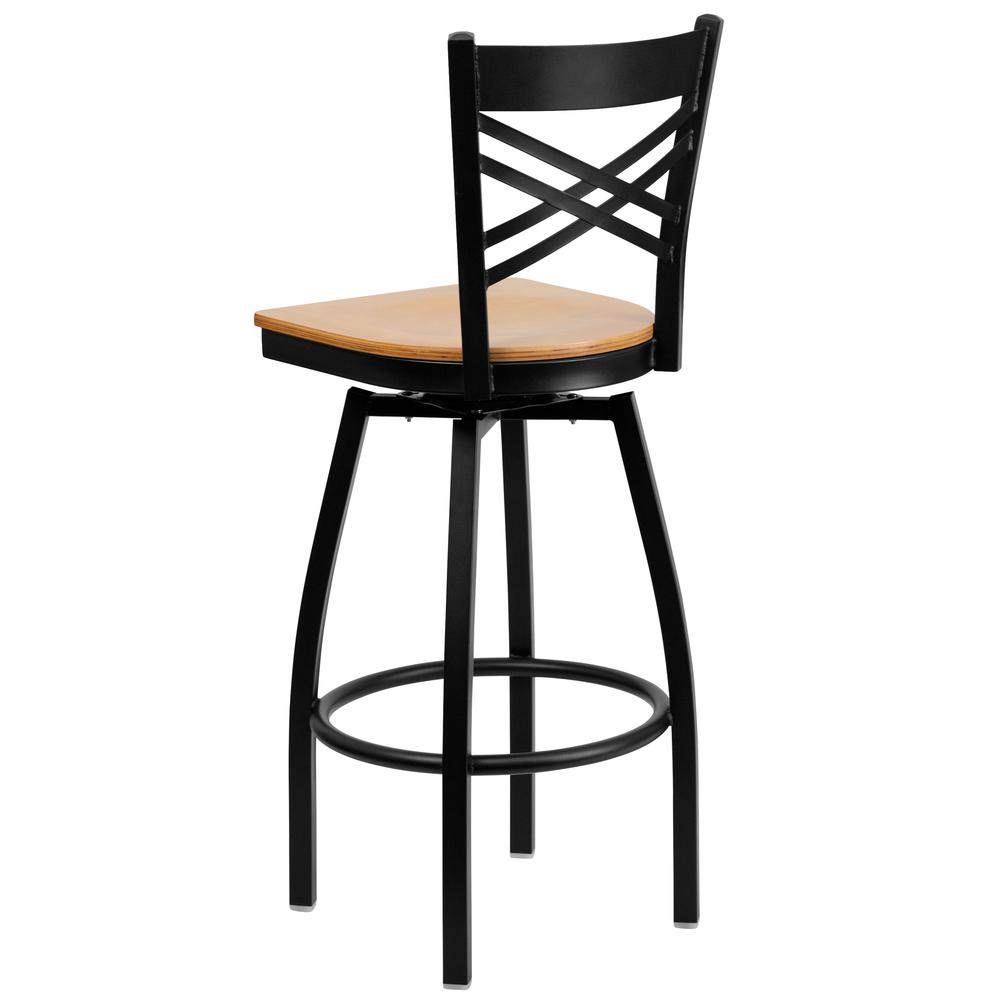 Hercules Series Black ''X'' Back Swivel Metal Barstool - Natural Wood Seat By Flash Furniture | Bar Stools | Modishstore - 3