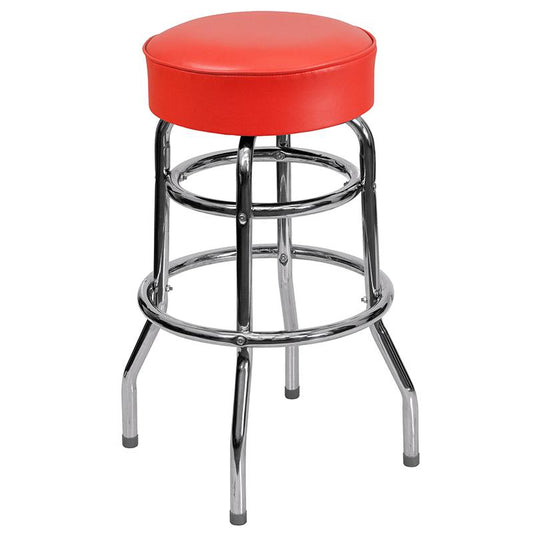 Double Ring Chrome Barstool With Red Seat By Flash Furniture | Bar Stools | Modishstore - 1