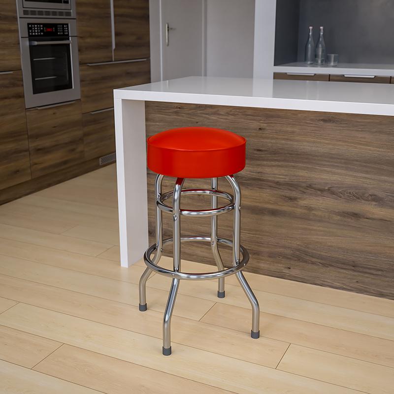 Double Ring Chrome Barstool With Red Seat By Flash Furniture | Bar Stools | Modishstore - 2