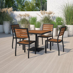 Outdoor Patio Bistro Dining Table Set With 4 Chairs And Faux Teak Poly Slats By Flash Furniture