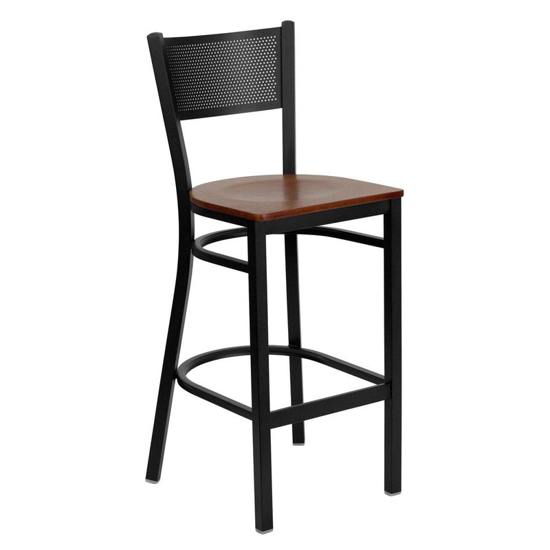 Hercules Series Black Grid Back Metal Restaurant Barstool - Cherry Wood Seat By Flash Furniture | Bar Stools | Modishstore - 1