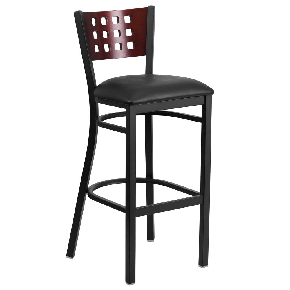 Hercules Series Black Cutout Back Metal Restaurant Barstool - Mahogany Wood Back, Black Vinyl Seat By Flash Furniture | Bar Stools | Modishstore - 1