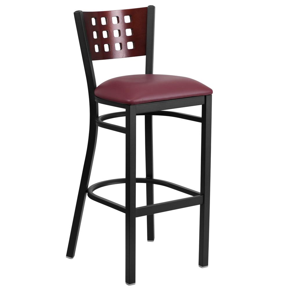 Hercules Series Black Cutout Back Metal Restaurant Barstool - Mahogany Wood Back, Burgundy Vinyl Seat By Flash Furniture | Bar Stools | Modishstore