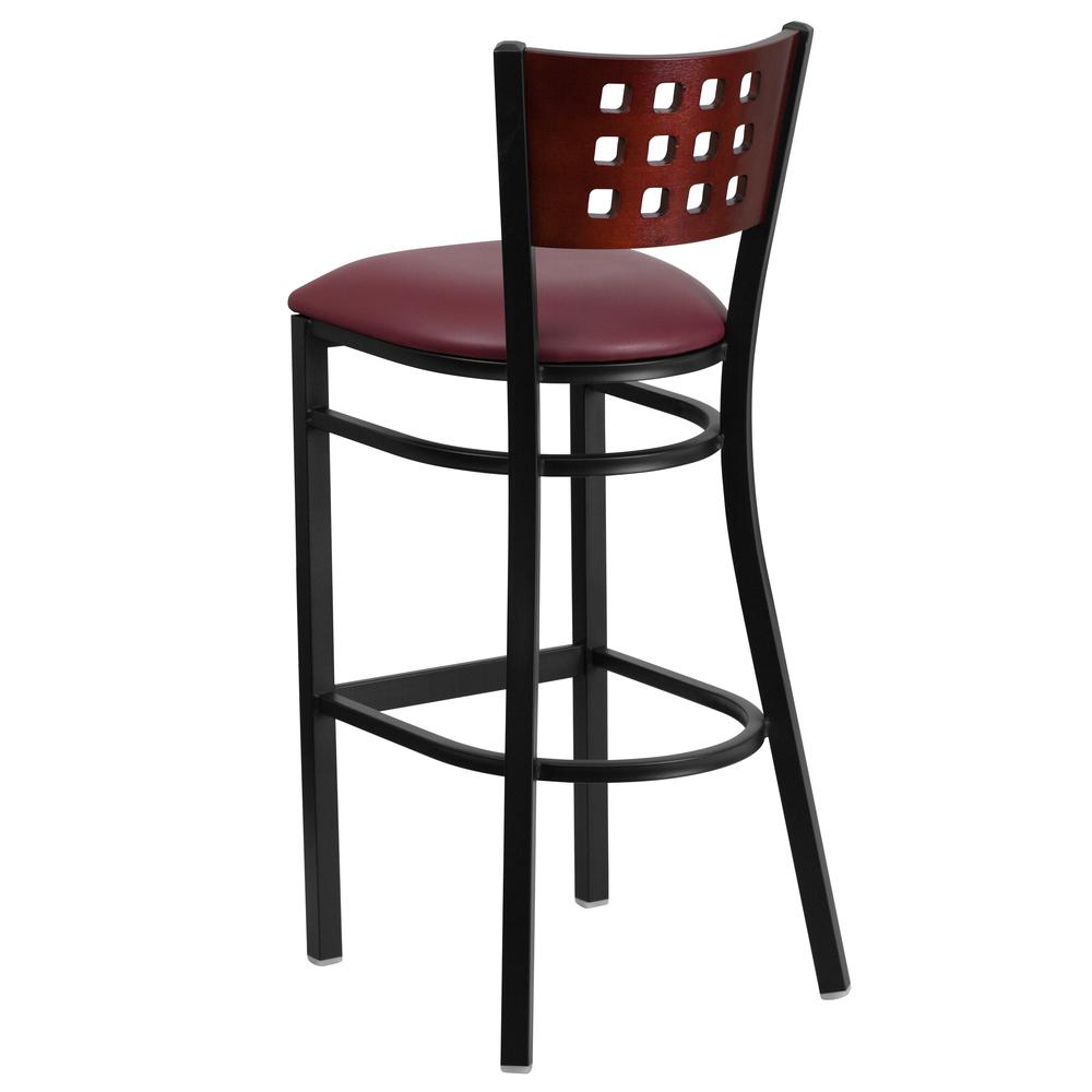 Hercules Series Black Cutout Back Metal Restaurant Barstool - Mahogany Wood Back, Burgundy Vinyl Seat By Flash Furniture | Bar Stools | Modishstore - 3