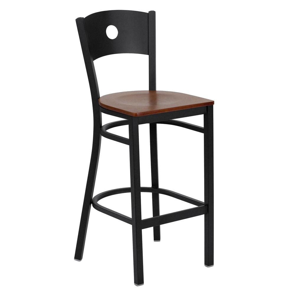 Hercules Series Black Circle Back Metal Restaurant Barstool - Cherry Wood Seat By Flash Furniture | Bar Stools | Modishstore - 1