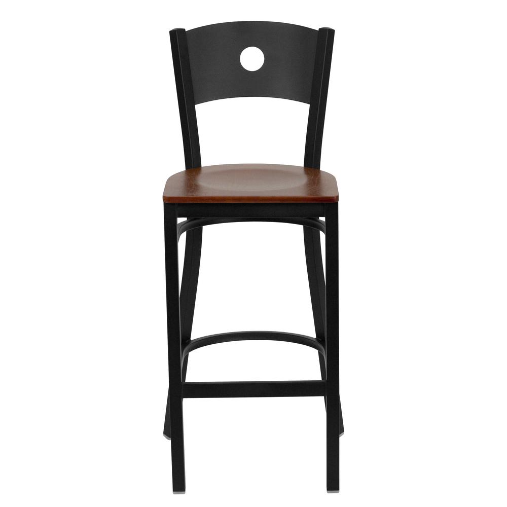 Hercules Series Black Circle Back Metal Restaurant Barstool - Cherry Wood Seat By Flash Furniture | Bar Stools | Modishstore - 4