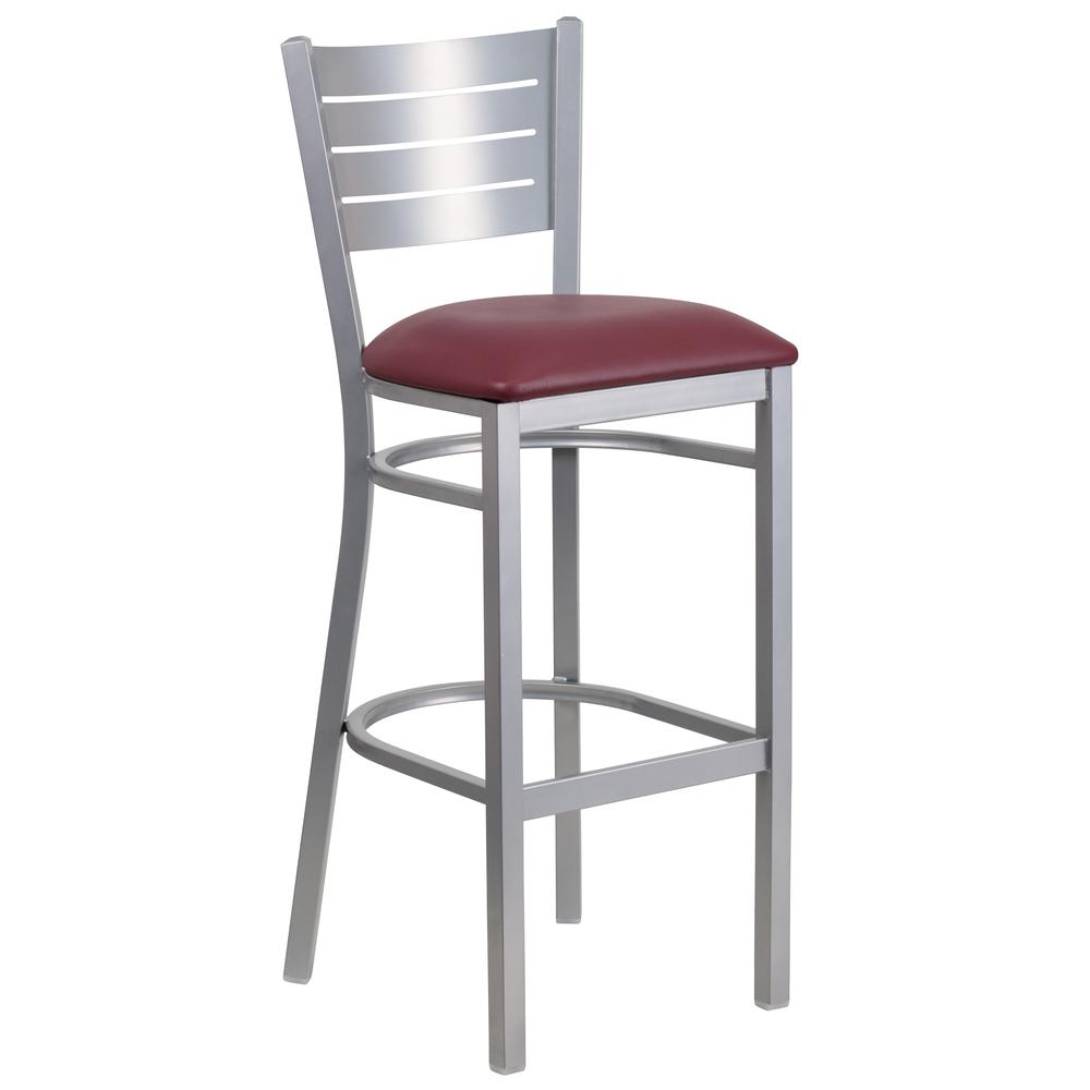 Hercules Series Silver Slat Back Metal Restaurant Barstool - Burgundy Vinyl Seat By Flash Furniture | Bar Stools | Modishstore - 1