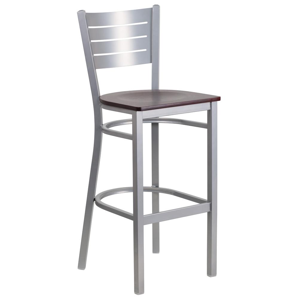 Hercules Series Silver Slat Back Metal Restaurant Barstool - Mahogany Wood Seat By Flash Furniture | Bar Stools | Modishstore - 1