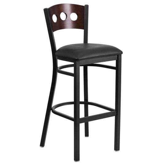 Hercules Series Black 3 Circle Back Metal Restaurant Barstool - Walnut Wood Back, Black Vinyl Seat By Flash Furniture | Bar Stools | Modishstore