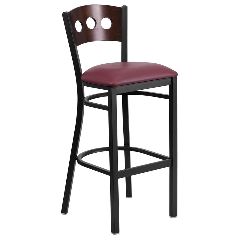 Hercules Series Black 3 Circle Back Metal Restaurant Barstool - Walnut Wood Back, Burgundy Vinyl Seat By Flash Furniture | Bar Stools | Modishstore - 1