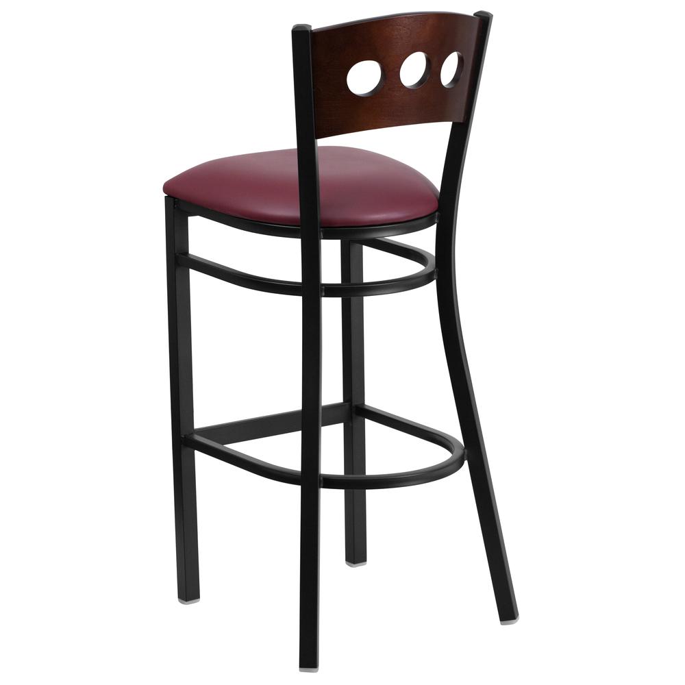 Hercules Series Black 3 Circle Back Metal Restaurant Barstool - Walnut Wood Back, Burgundy Vinyl Seat By Flash Furniture | Bar Stools | Modishstore - 3