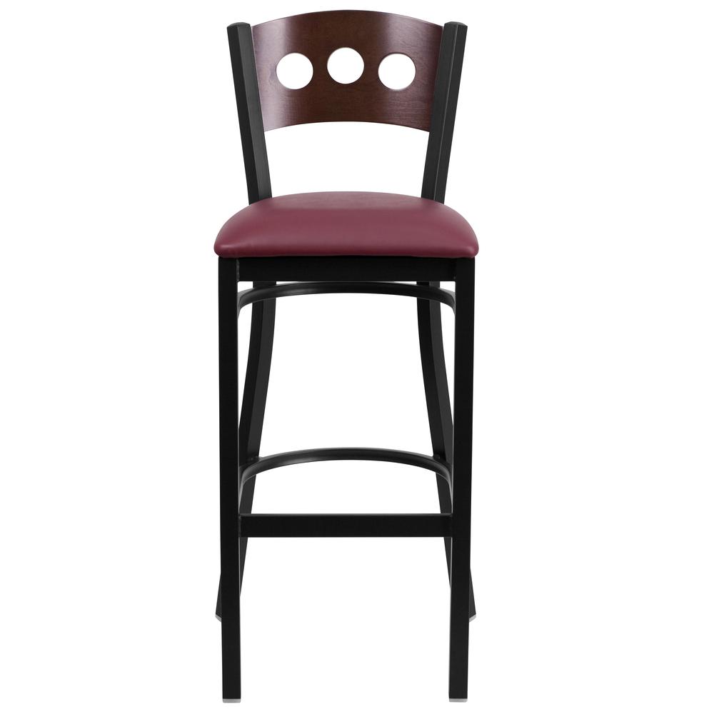 Hercules Series Black 3 Circle Back Metal Restaurant Barstool - Walnut Wood Back, Burgundy Vinyl Seat By Flash Furniture | Bar Stools | Modishstore - 4