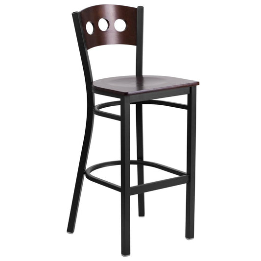 Hercules Series Black 3 Circle Back Metal Restaurant Barstool - Walnut Wood Back & Seat By Flash Furniture | Bar Stools | Modishstore - 1