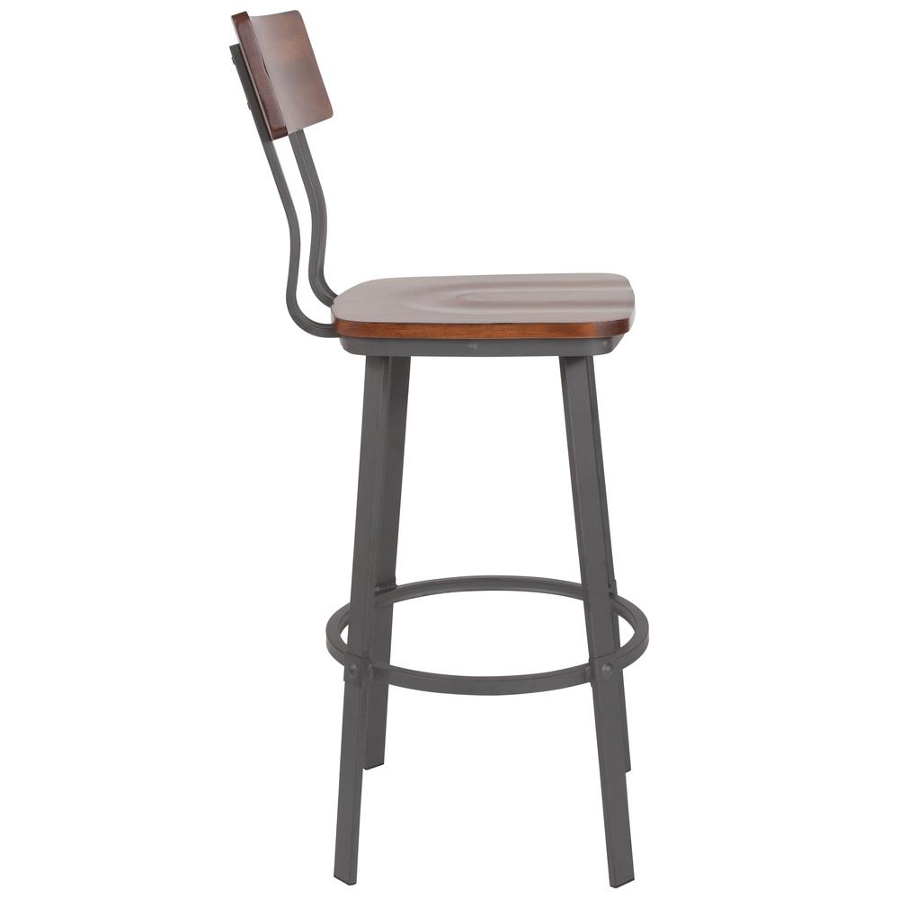Flint Series Rustic Walnut Restaurant Barstool With Wood Seat & Back And Gray Powder Coat Frame By Flash Furniture | Bar Stools | Modishstore - 4