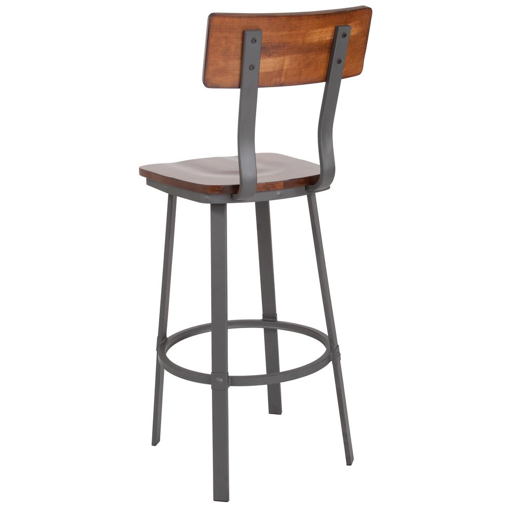 Flint Series Rustic Walnut Restaurant Barstool With Wood Seat & Back And Gray Powder Coat Frame By Flash Furniture | Bar Stools | Modishstore - 3