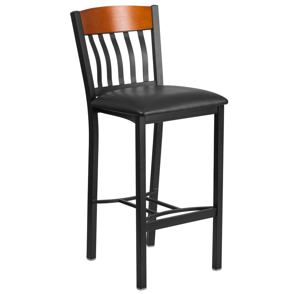 Eclipse Series Vertical Back Black Metal And Cherry Wood Restaurant Barstool With Black Vinyl Seat By Flash Furniture | Bar Stools | Modishstore - 1