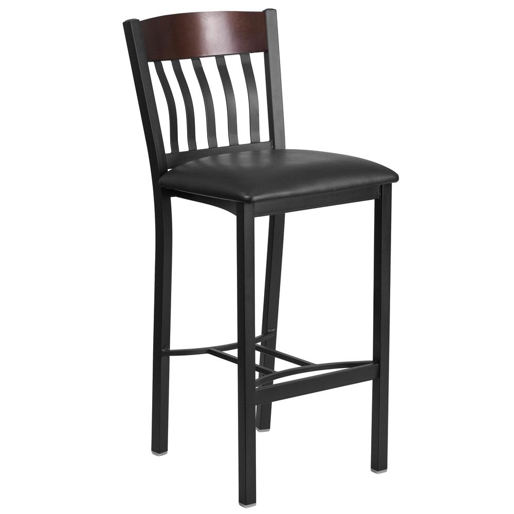 Eclipse Series Vertical Back Black Metal And Walnut Wood Restaurant Barstool With Black Vinyl Seat By Flash Furniture | Bar Stools | Modishstore - 1