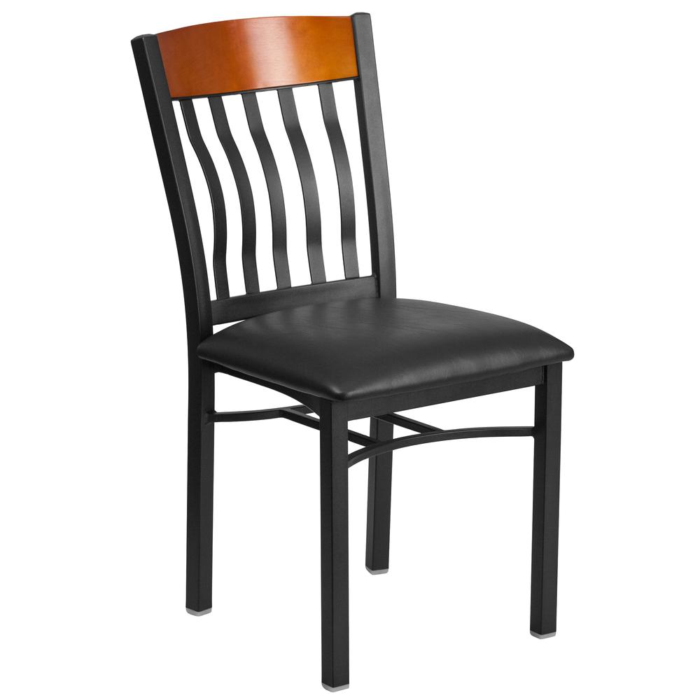 Eclipse Series Vertical Back Black Metal And Cherry Wood Restaurant Chair With Black Vinyl Seat By Flash Furniture | Dining Chairs | Modishstore - 1