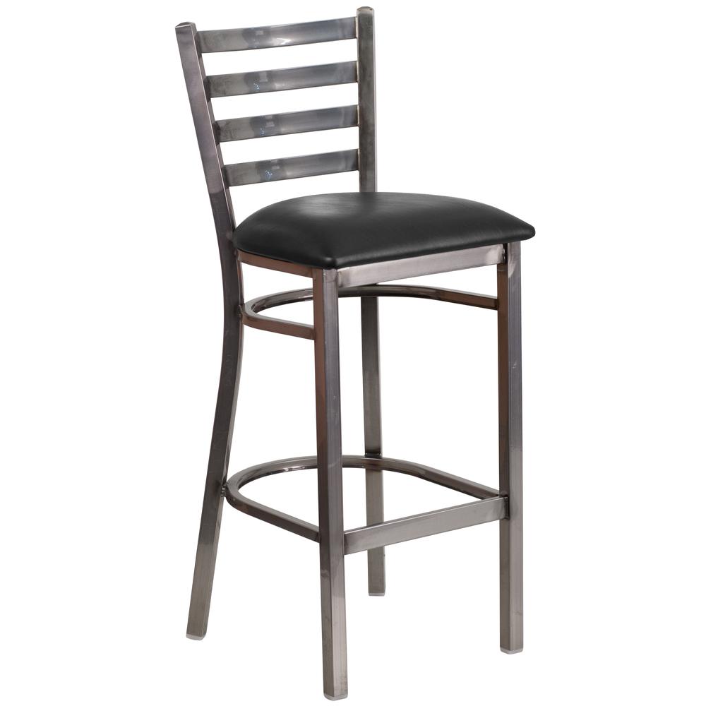 Hercules Series Clear Coated Ladder Back Metal Restaurant Barstool - Black Vinyl Seat By Flash Furniture | Bar Stools | Modishstore - 1