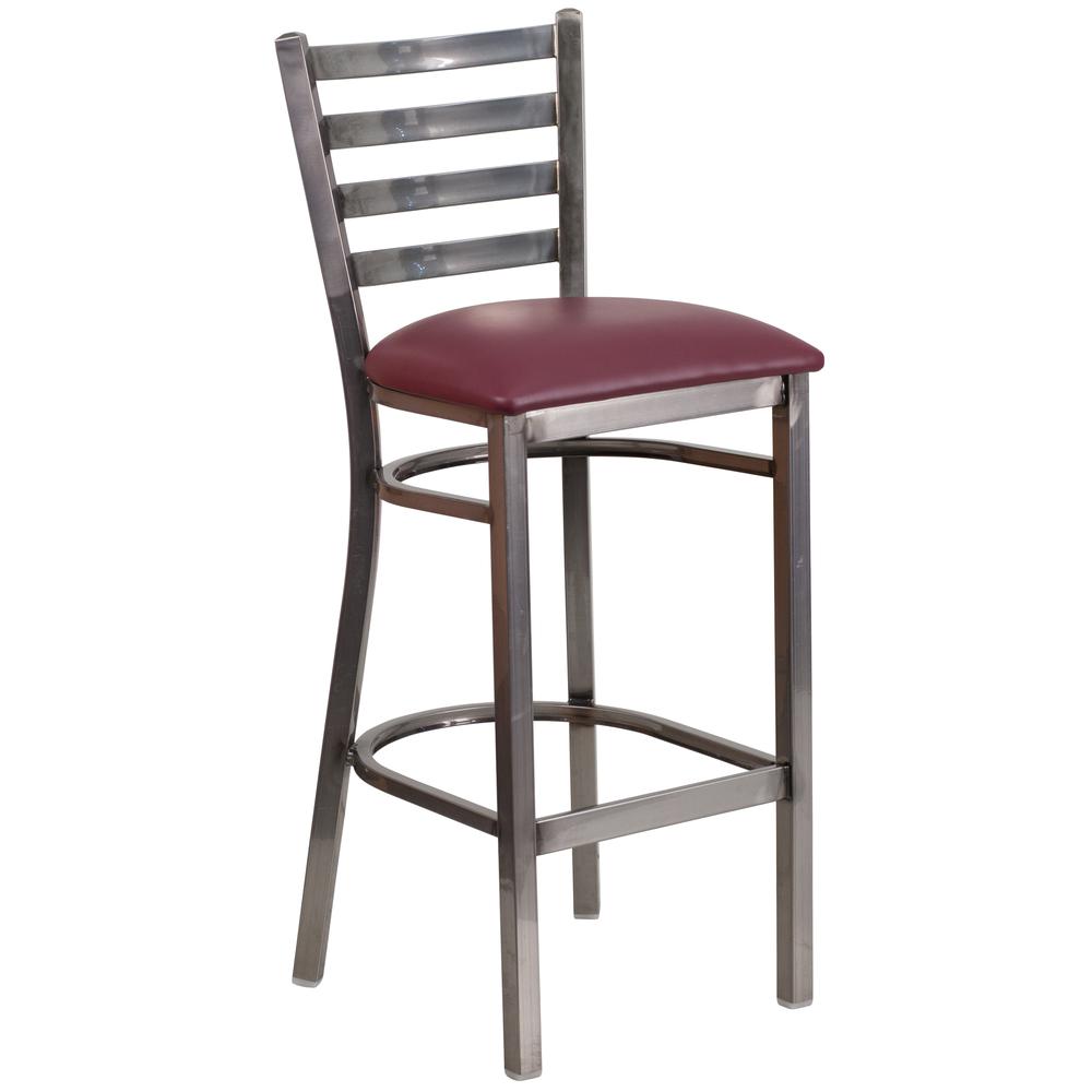 Hercules Series Clear Coated Ladder Back Metal Restaurant Barstool - Burgundy Vinyl Seat By Flash Furniture | Bar Stools | Modishstore - 1