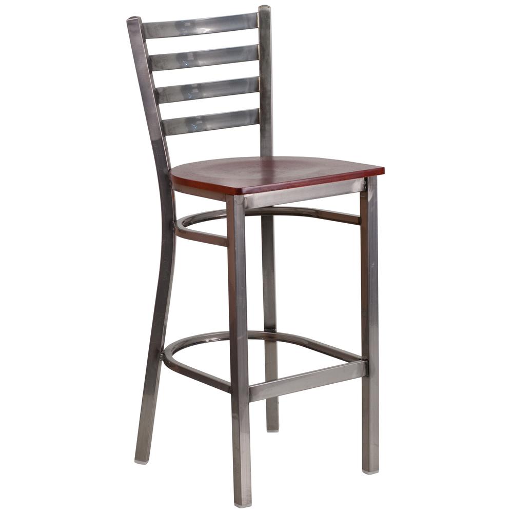 Hercules Series Clear Coated Ladder Back Metal Restaurant Barstool - Mahogany Wood Seat By Flash Furniture | Bar Stools | Modishstore - 1