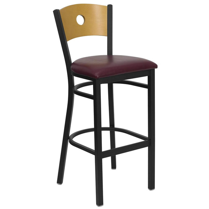 Hercules Series Black Circle Back Metal Restaurant Barstool - Natural Wood Back, Burgundy Vinyl Seat By Flash Furniture | Bar Stools | Modishstore - 1