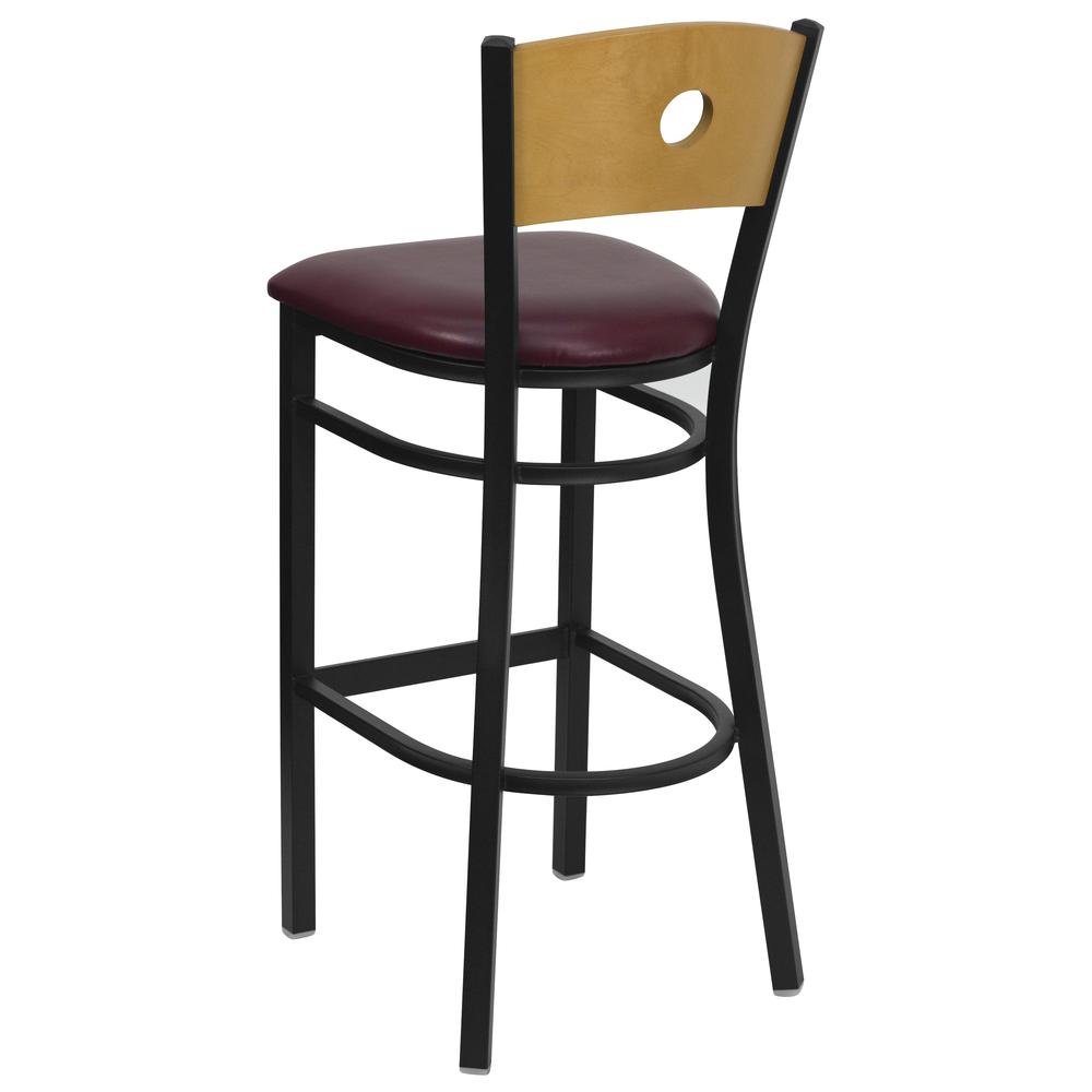 Hercules Series Black Circle Back Metal Restaurant Barstool - Natural Wood Back, Burgundy Vinyl Seat By Flash Furniture | Bar Stools | Modishstore - 3