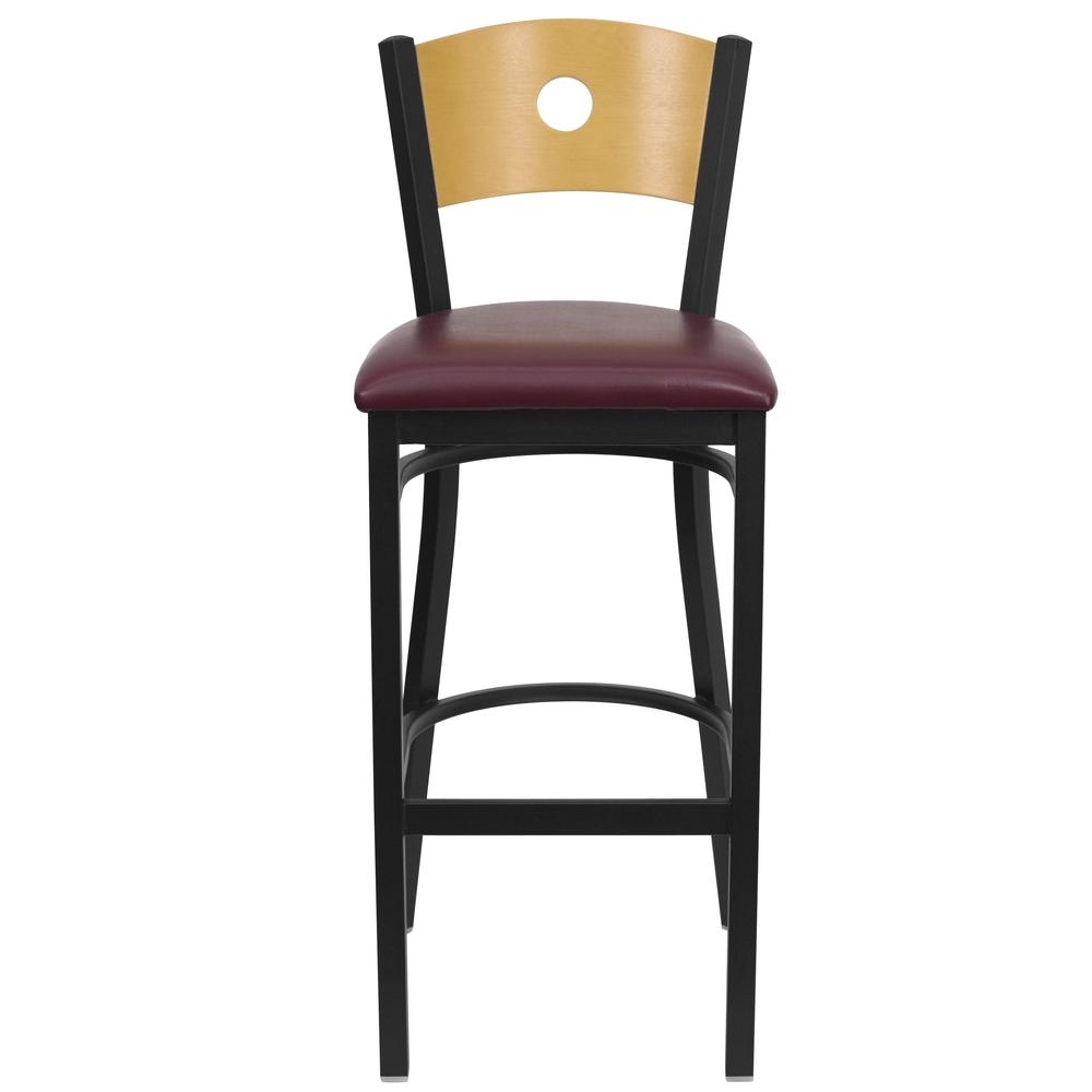 Hercules Series Black Circle Back Metal Restaurant Barstool - Natural Wood Back, Burgundy Vinyl Seat By Flash Furniture | Bar Stools | Modishstore - 4