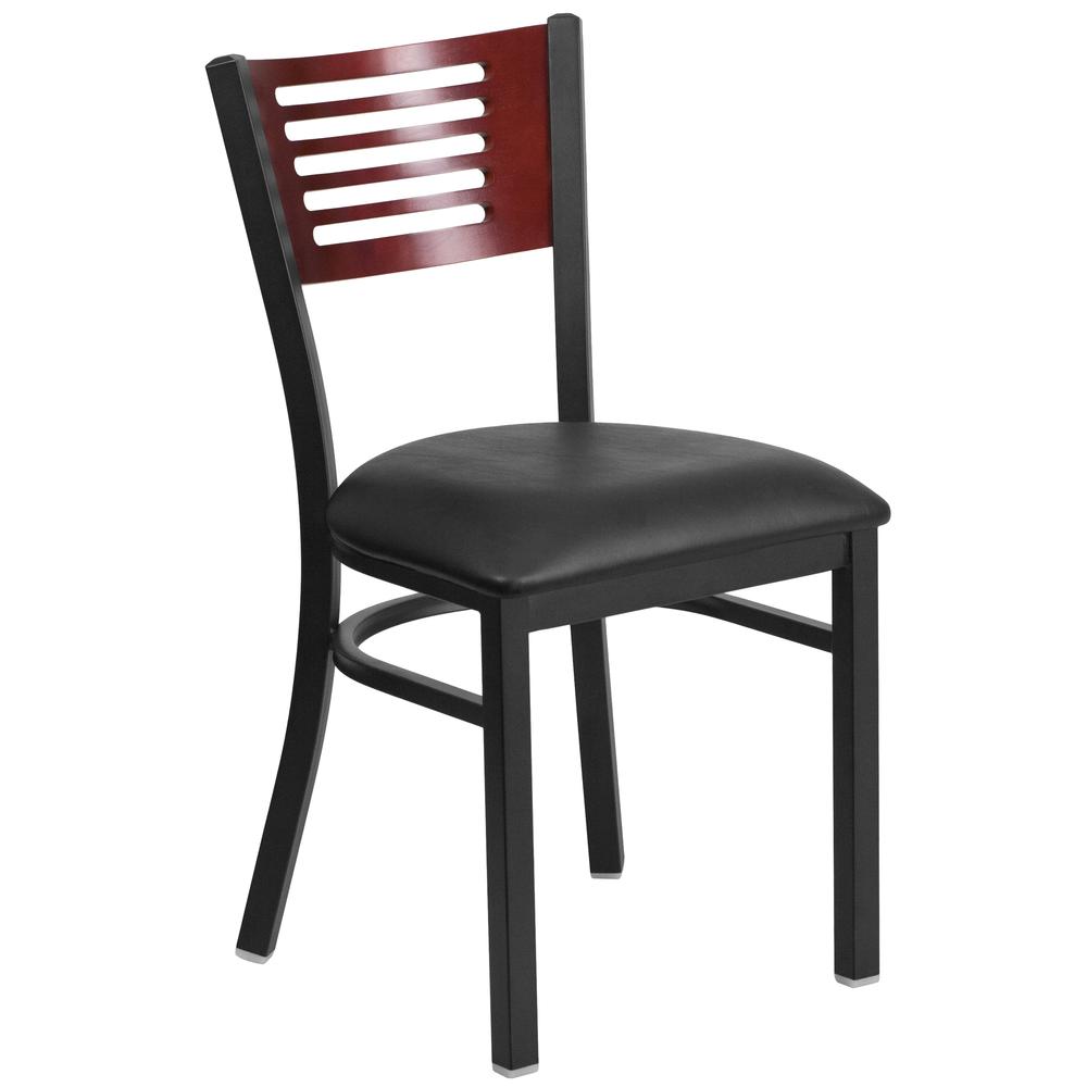 Hercules Series Black Slat Back Metal Restaurant Chair - Mahogany Wood Back, Black Vinyl Seat By Flash Furniture | Dining Chairs | Modishstore - 1